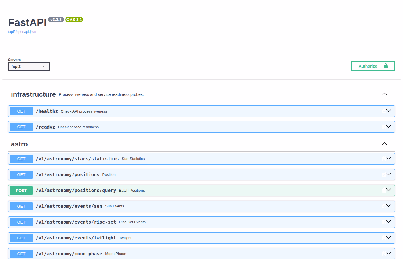FastAPI documentation showing health and astronomy endpoints