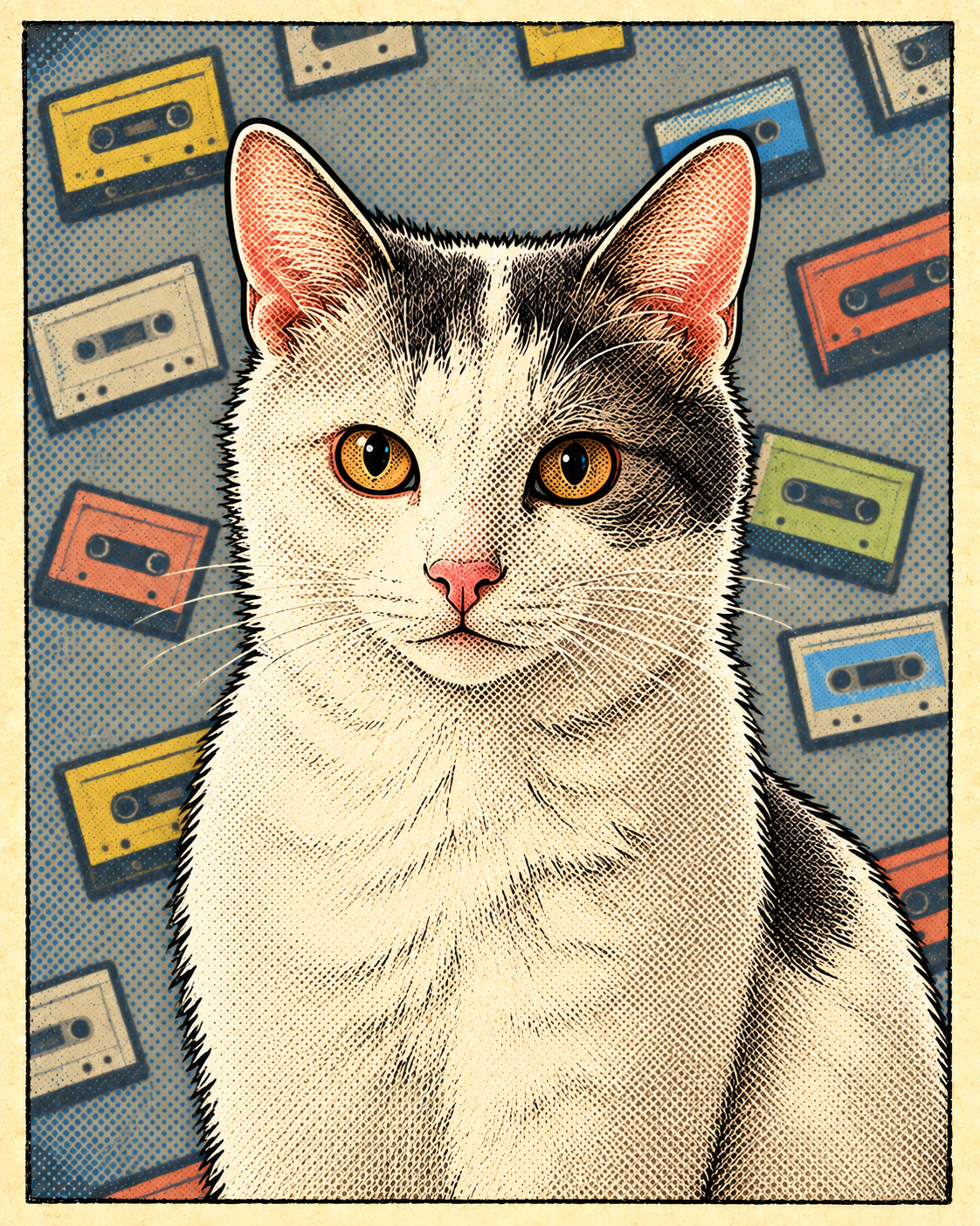 Comic-book portrait of Lake, a white-and-grey cat