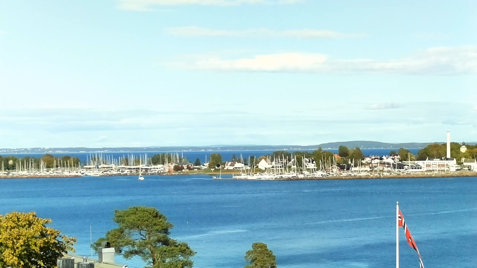 Daylight view across the Oslofjord towards the Vallø peninsula
